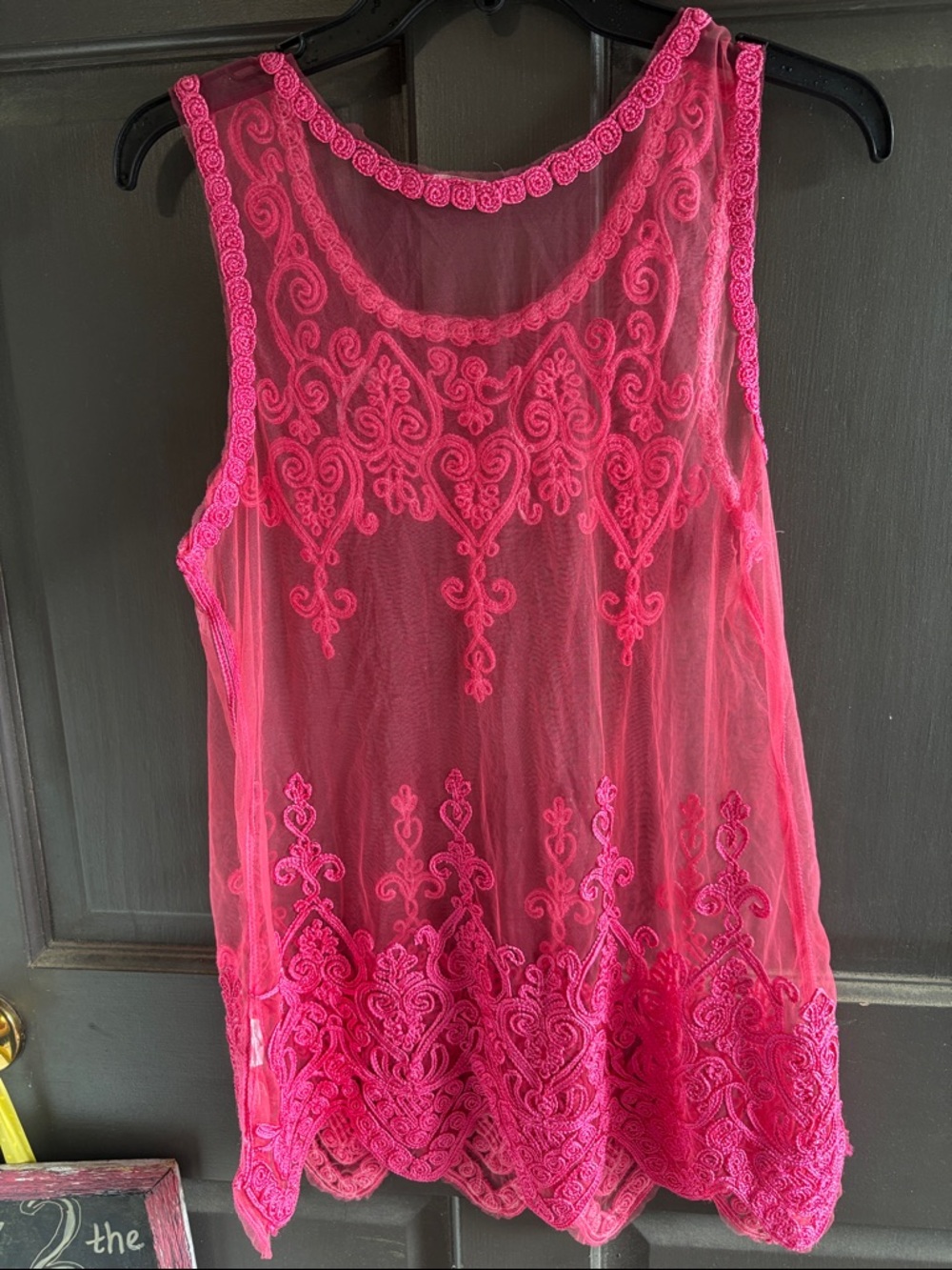 Sheer Embroidered Sleeveless Top - Hot Pink tulle and scalloped hem - Picture 6 of 6
